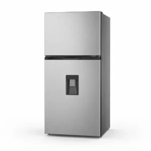 Refrigerador de dos puertas plateado con dispensador de agua